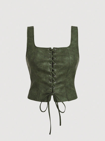 MOD Plus Size Army Green Grommets Lace-Up Retro Tank Top Plus Size Tops