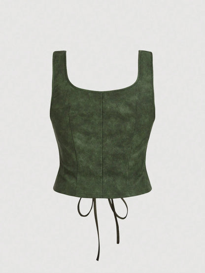 MOD Plus Size Army Green Grommets Lace-Up Retro Tank Top Plus Size Tops
