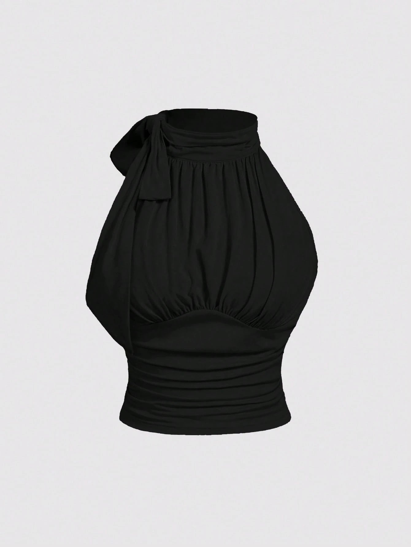 MOD Plus Size Stand Collar Bow Knot Drawstring Gathered Black Top