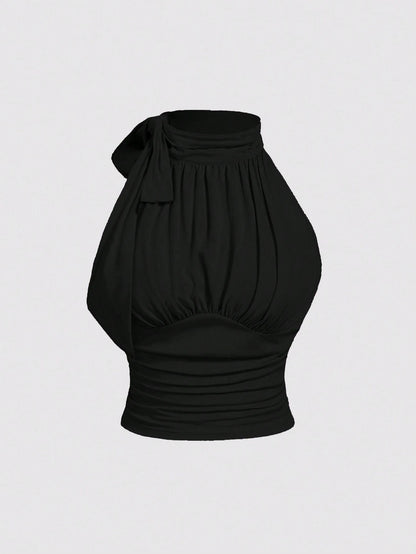 MOD Plus Size Stand Collar Bow Knot Drawstring Gathered Black Top