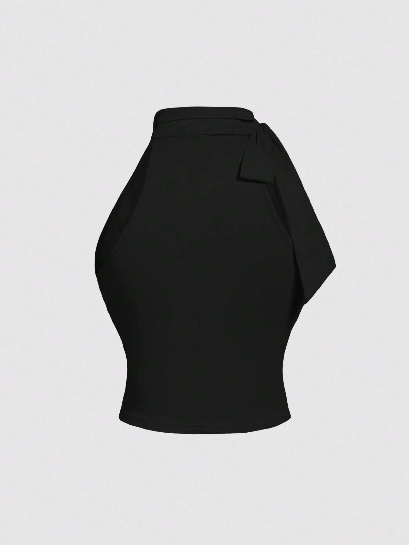 MOD Plus Size Stand Collar Bow Knot Drawstring Gathered Black Top