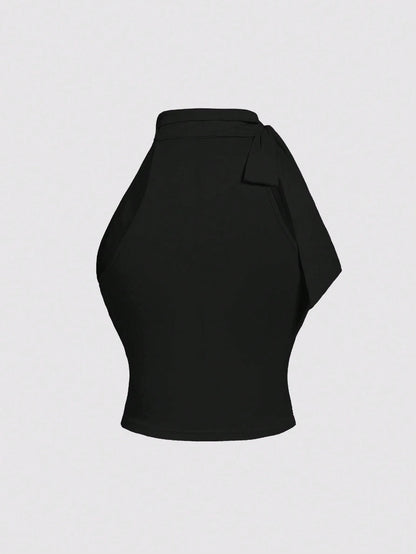 MOD Plus Size Stand Collar Bow Knot Drawstring Gathered Black Top