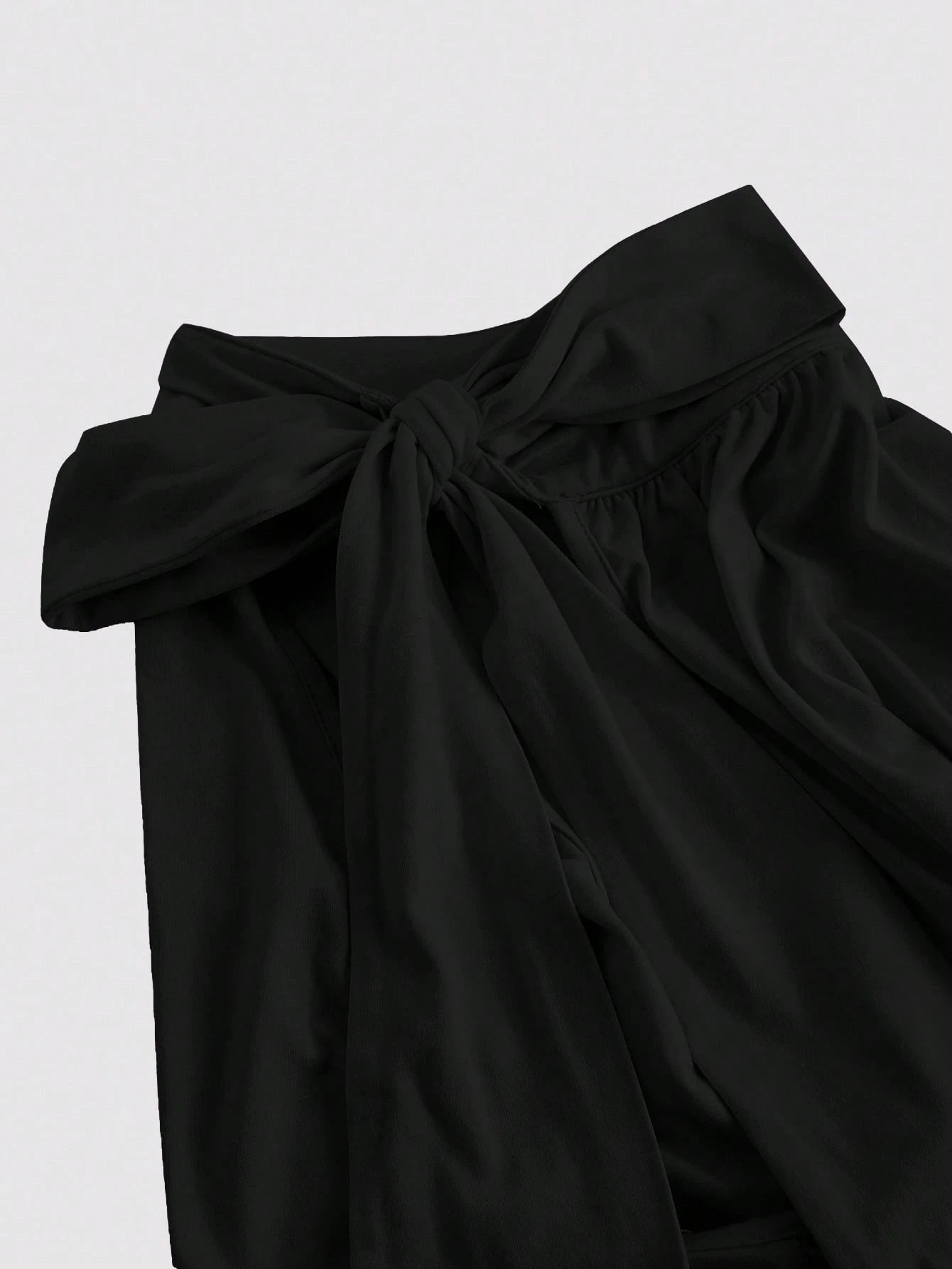 MOD Plus Size Stand Collar Bow Knot Drawstring Gathered Black Top