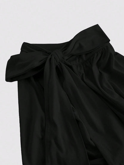 MOD Plus Size Stand Collar Bow Knot Drawstring Gathered Black Top