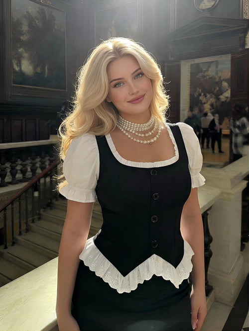 MOD Plus Size Women's Black And White Puff Sleeve Button Design Ruffle Hem Elegant Blouse,Tea Party,Carnival Costume,Autumn Spring/Summer,Casual Blouses