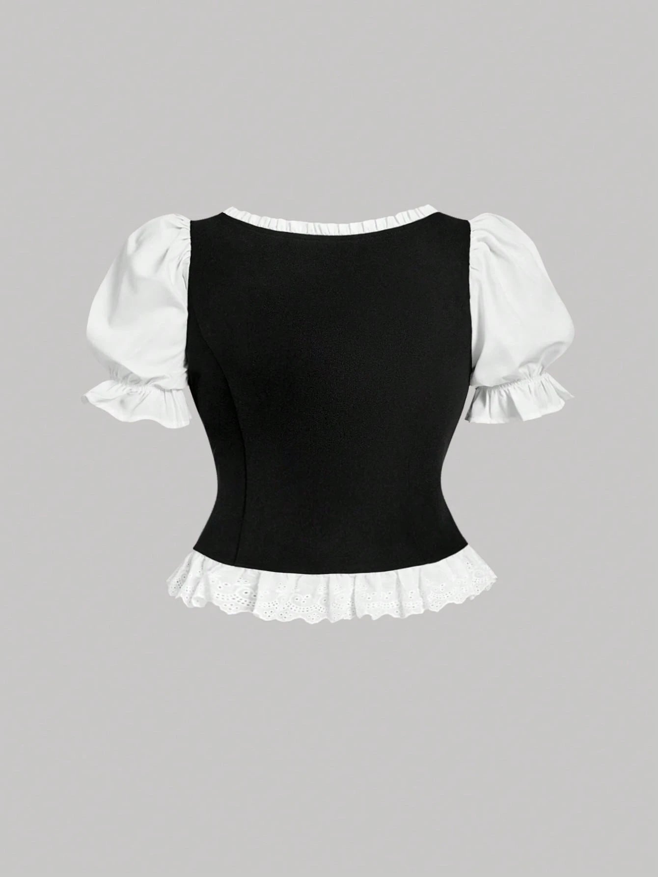 MOD Plus Size Women's Black And White Puff Sleeve Button Design Ruffle Hem Elegant Blouse,Tea Party,Carnival Costume,Autumn Spring/Summer,Casual Blouses