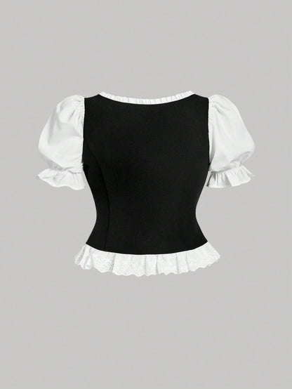 MOD Plus Size Women's Black And White Puff Sleeve Button Design Ruffle Hem Elegant Blouse,Tea Party,Carnival Costume,Autumn Spring/Summer,Casual Blouses
