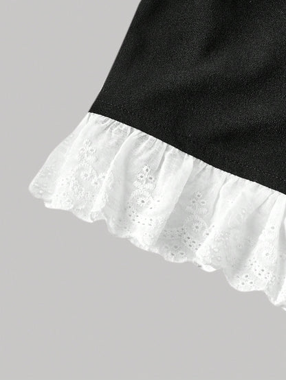 MOD Plus Size Women's Black And White Puff Sleeve Button Design Ruffle Hem Elegant Blouse,Tea Party,Carnival Costume,Autumn Spring/Summer,Casual Blouses