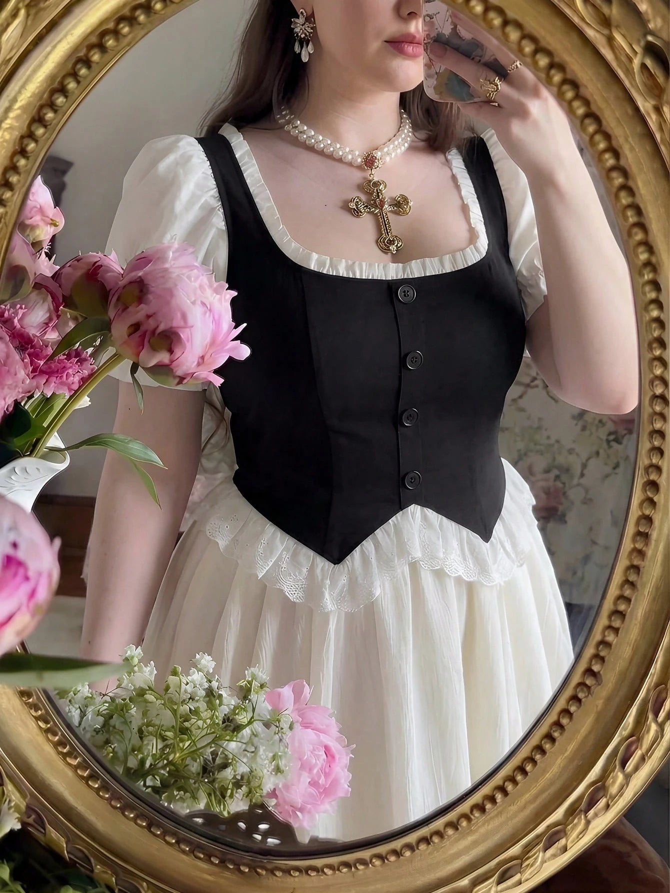 MOD Plus Size Women's Black And White Puff Sleeve Button Design Ruffle Hem Elegant Blouse,Tea Party,Carnival Costume,Autumn Spring/Summer,Casual Blouses