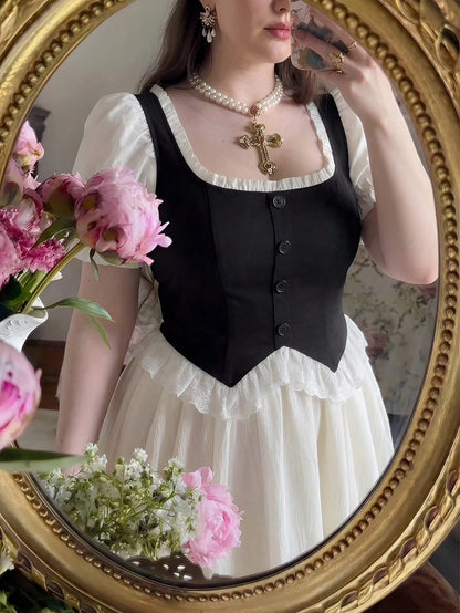 MOD Plus Size Women's Black And White Puff Sleeve Button Design Ruffle Hem Elegant Blouse,Tea Party,Carnival Costume,Autumn Spring/Summer,Casual Blouses