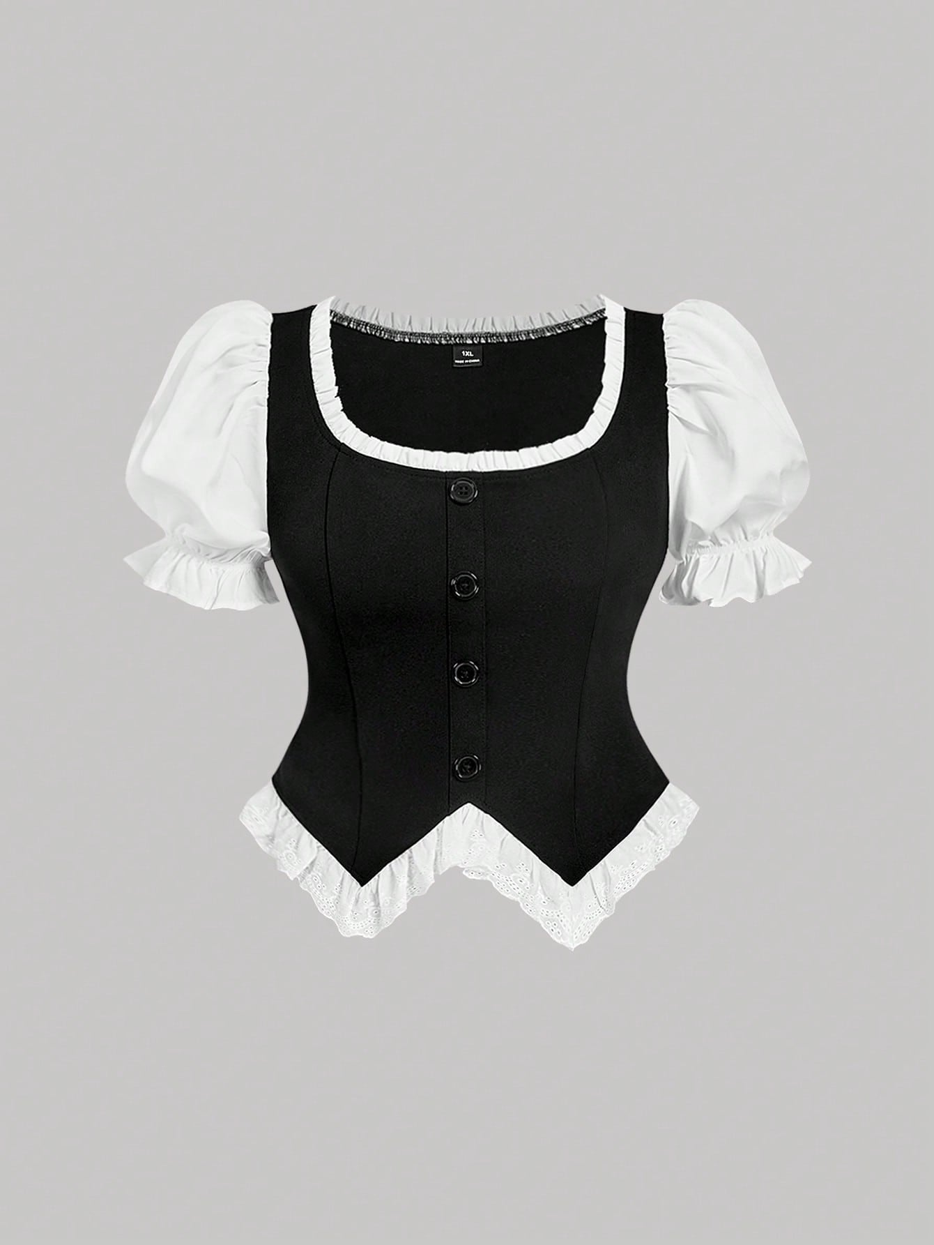 MOD Plus Size Women's Black And White Puff Sleeve Button Design Ruffle Hem Elegant Blouse,Tea Party,Carnival Costume,Autumn Spring/Summer,Casual Blouses