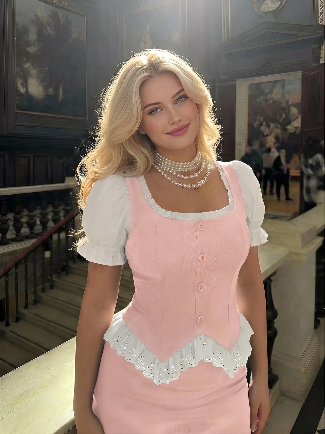 MOD Plus Size Women's Black And White Puff Sleeve Button Design Ruffle Hem Elegant Blouse,Tea Party,Carnival Costume,Autumn Spring/Summer,Casual Blouses