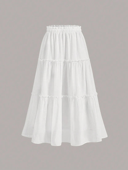 MOD Ruffle Skirt Boho Long Skirt Break Solid Frill Trim Ruffle Hem Skirt