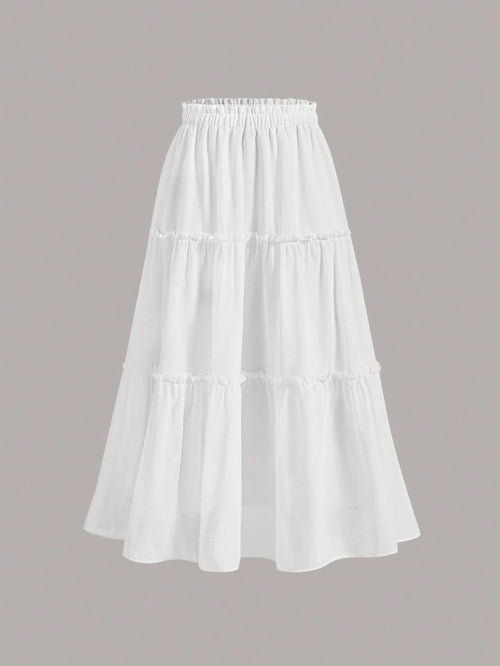MOD Ruffle Skirt Boho Long Skirt Break Solid Frill Trim Ruffle Hem Skirt