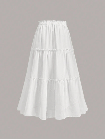 MOD Ruffle Skirt Boho Long Skirt Break Solid Frill Trim Ruffle Hem Skirt