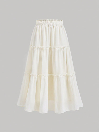 MOD Ruffle Skirt Boho Long Skirt Break Solid Frill Trim Ruffle Hem Skirt