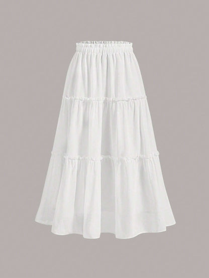 MOD Ruffle Skirt Boho Long Skirt Break Solid Frill Trim Ruffle Hem Skirt