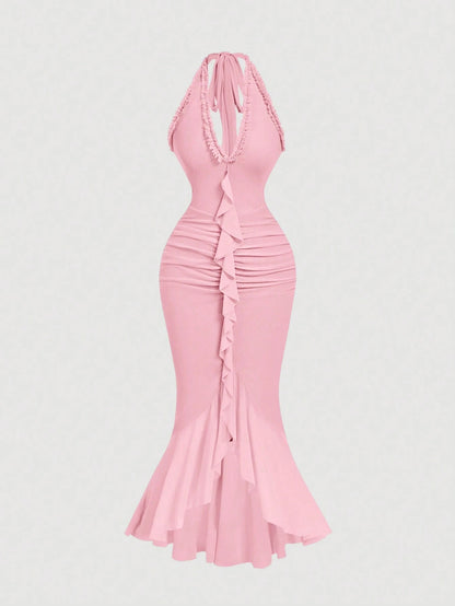 MOD Ruffle Trim Cinched Waist Bow Tie Mesh Overlay Dress,Summer Dresses For Women,Dresses For Women Summer