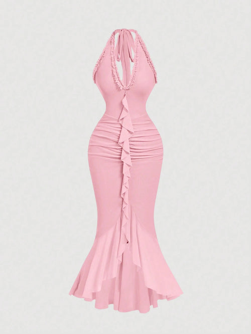 MOD Ruffle Trim Cinched Waist Bow Tie Mesh Overlay Dress,Summer Dresses For Women,Dresses For Women Summer