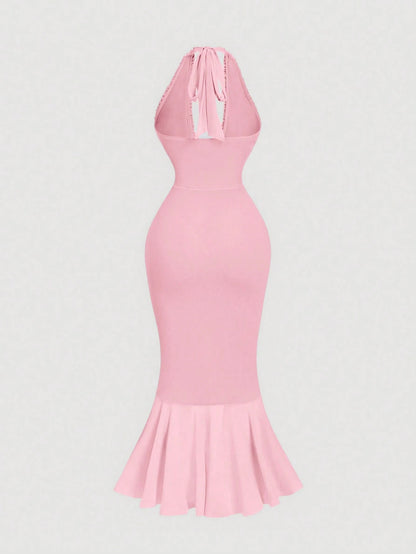 MOD Ruffle Trim Cinched Waist Bow Tie Mesh Overlay Dress,Summer Dresses For Women,Dresses For Women Summer