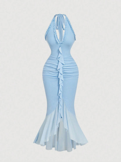 MOD Ruffle Trim Cinched Waist Bow Tie Mesh Overlay Dress,Summer Dresses For Women,Dresses For Women Summer