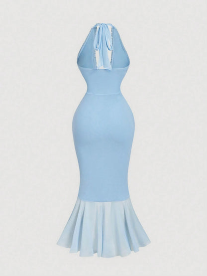 MOD Ruffle Trim Cinched Waist Bow Tie Mesh Overlay Dress,Summer Dresses For Women,Dresses For Women Summer