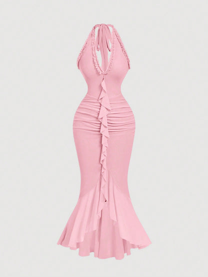 MOD Ruffle Trim Cinched Waist Bow Tie Mesh Overlay Dress,Summer Dresses For Women,Dresses For Women Summer