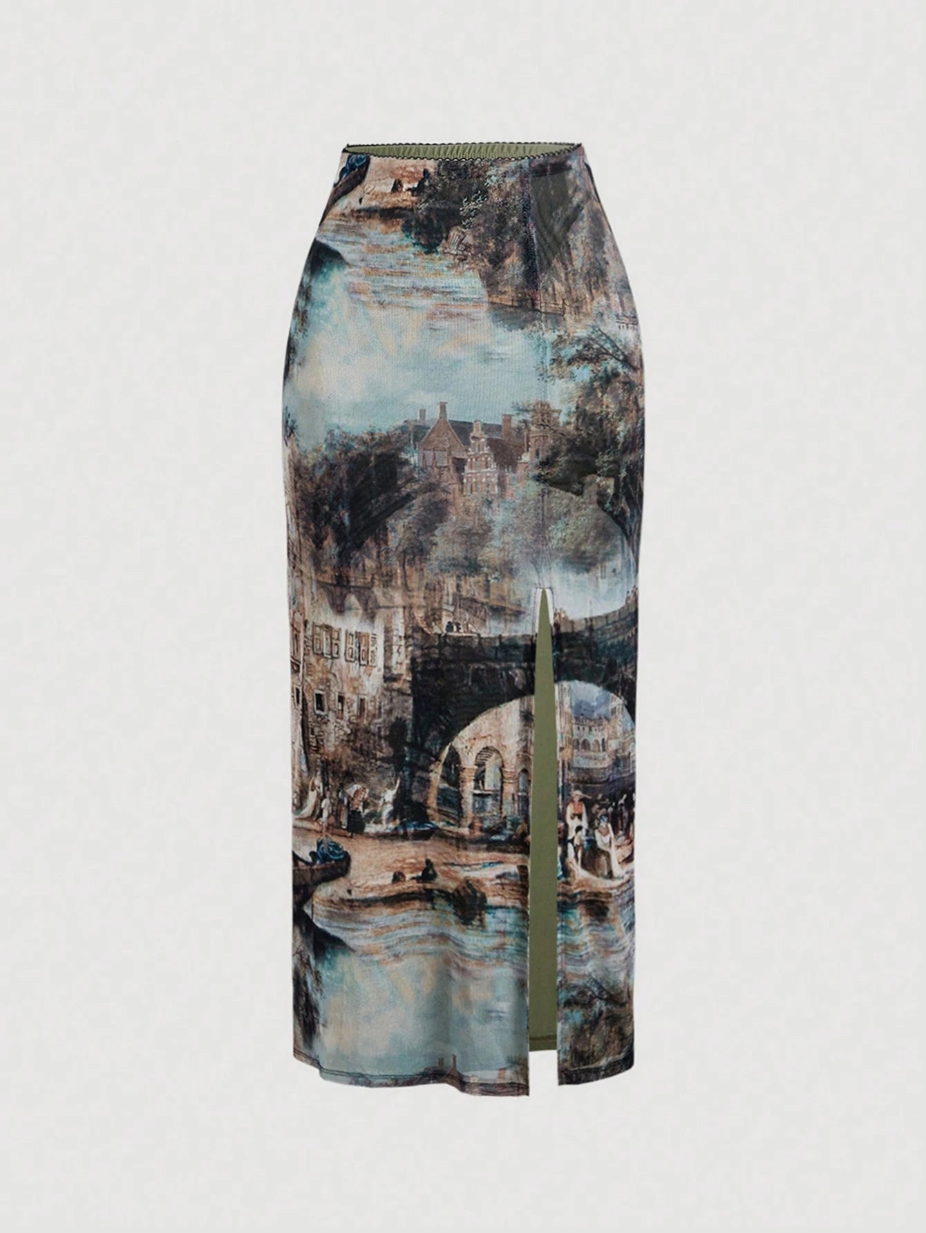 MOD Vintage Elegant Oil Painting Print Split Hem Skirt Vacation Light Blue Autumn