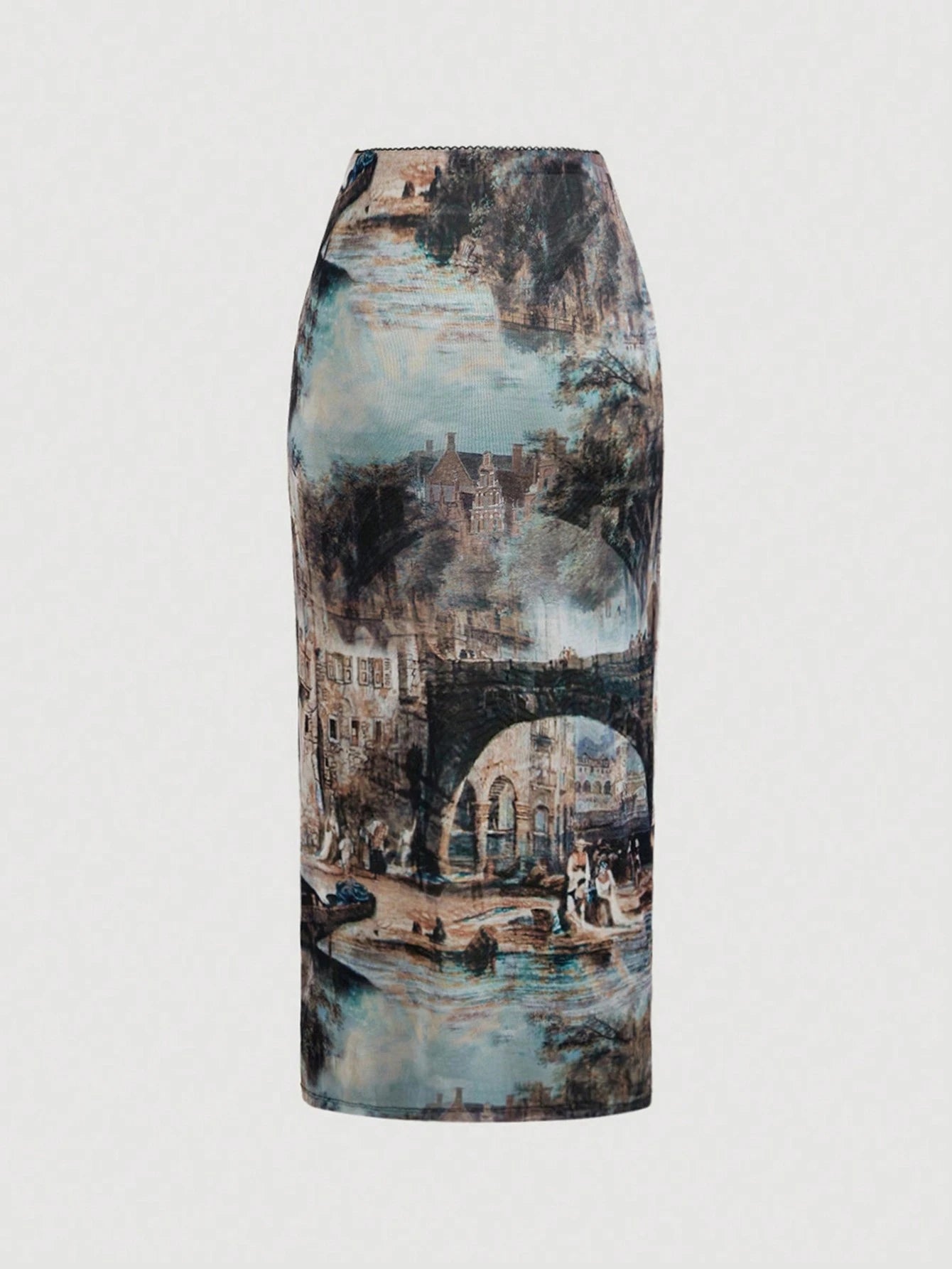 MOD Vintage Elegant Oil Painting Print Split Hem Skirt Vacation Light Blue Autumn