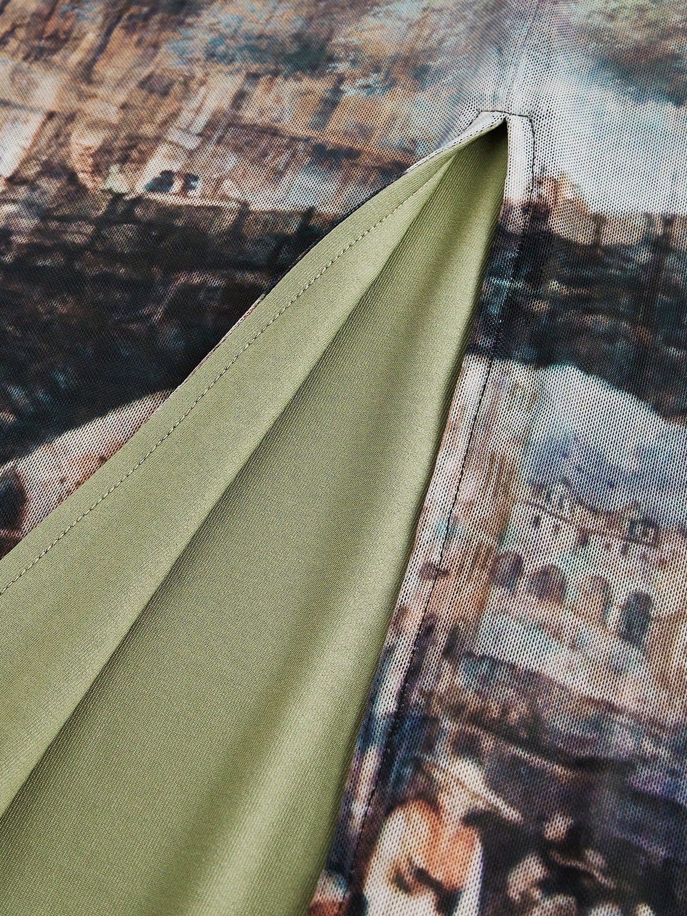 MOD Vintage Elegant Oil Painting Print Split Hem Skirt Vacation Light Blue Autumn