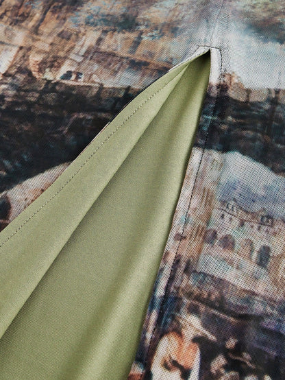 MOD Vintage Elegant Oil Painting Print Split Hem Skirt Vacation Light Blue Autumn