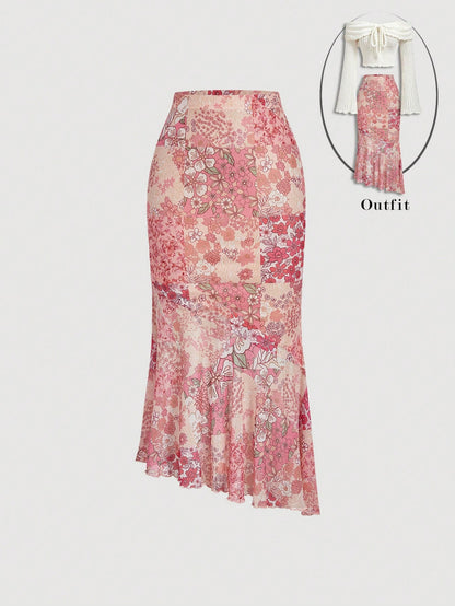 MOD Women's Dusty Pink Floral Ruffle Hem Elegant Romantic Skirt,Autumn Boho Holiday,Fairycore Country Print Beach Brunch For Christmas,Tea Party