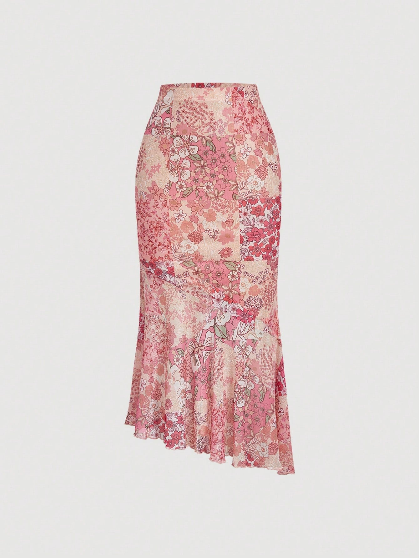 MOD Women's Dusty Pink Floral Ruffle Hem Elegant Romantic Skirt,Autumn Boho Holiday,Fairycore Country Print Beach Brunch For Christmas,Tea Party