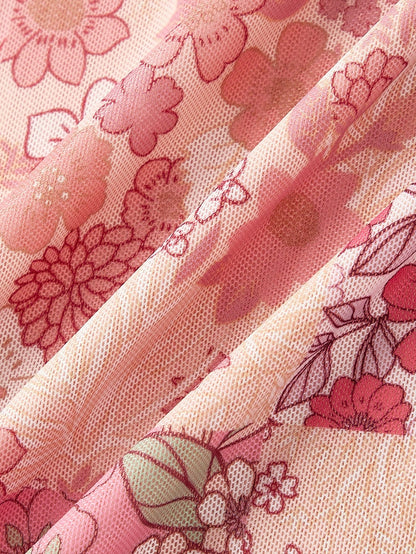 MOD Women's Dusty Pink Floral Ruffle Hem Elegant Romantic Skirt,Autumn Boho Holiday,Fairycore Country Print Beach Brunch For Christmas,Tea Party