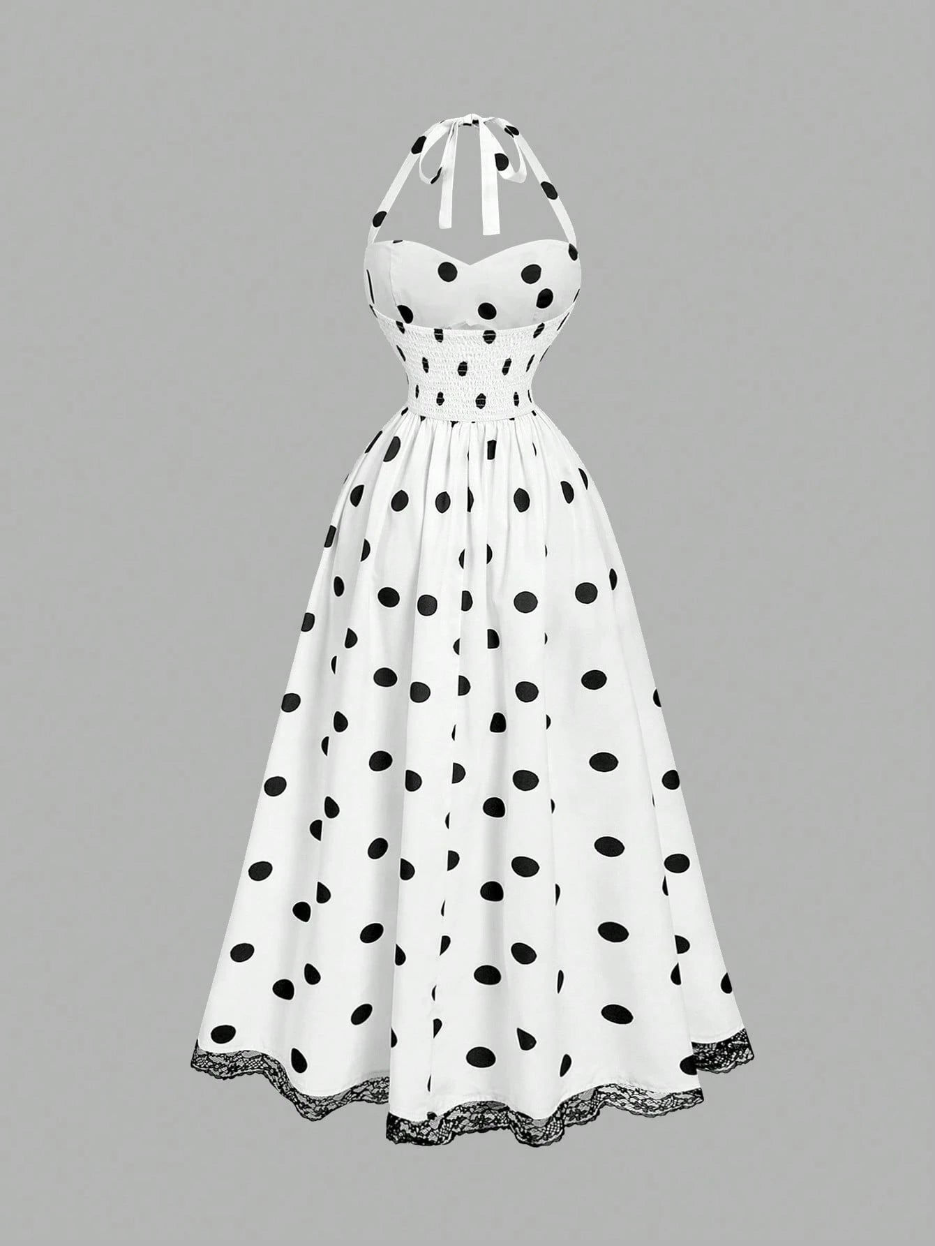 MOD Women's Elegant Vintage Polka Dot Halter Neck Lace Trim Mid-Length Dress