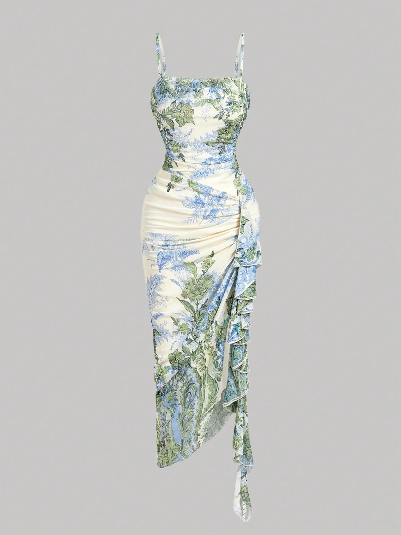 MOD Women's Floral Print Ruched Elegant Waist-Cinching Party Dress With Spaghetti Straps,Summer, Ruffle Trim And Slim Fit For Women,Resort Dresses