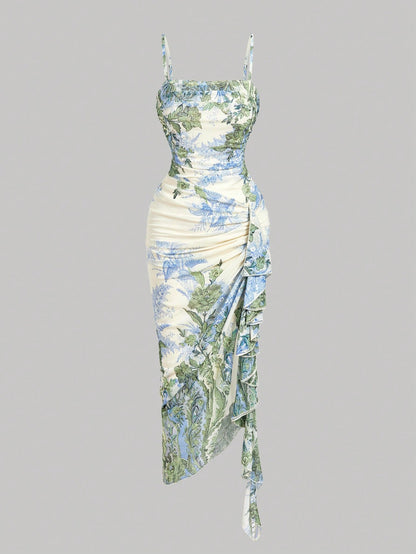 MOD Women's Floral Print Ruched Elegant Waist-Cinching Party Dress With Spaghetti Straps,Summer, Ruffle Trim And Slim Fit For Women,Resort Dresses