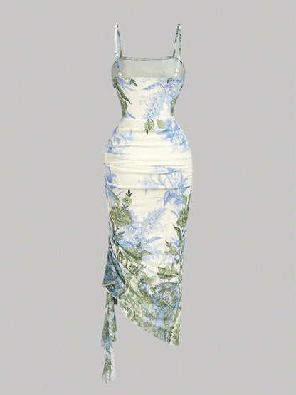 MOD Women's Floral Print Ruched Elegant Waist-Cinching Party Dress With Spaghetti Straps,Summer, Ruffle Trim And Slim Fit For Women,Resort Dresses