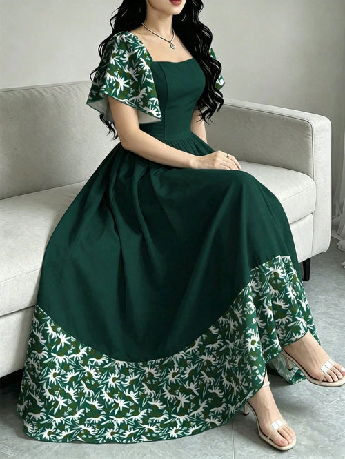 Modelyn Daisy Print Green Shore Women's Floral Dress, Women's Fashion Square Neck Cap Sleeve Dress, Hem Patchwork Ruffle Design, Summer Vacation Style Dress