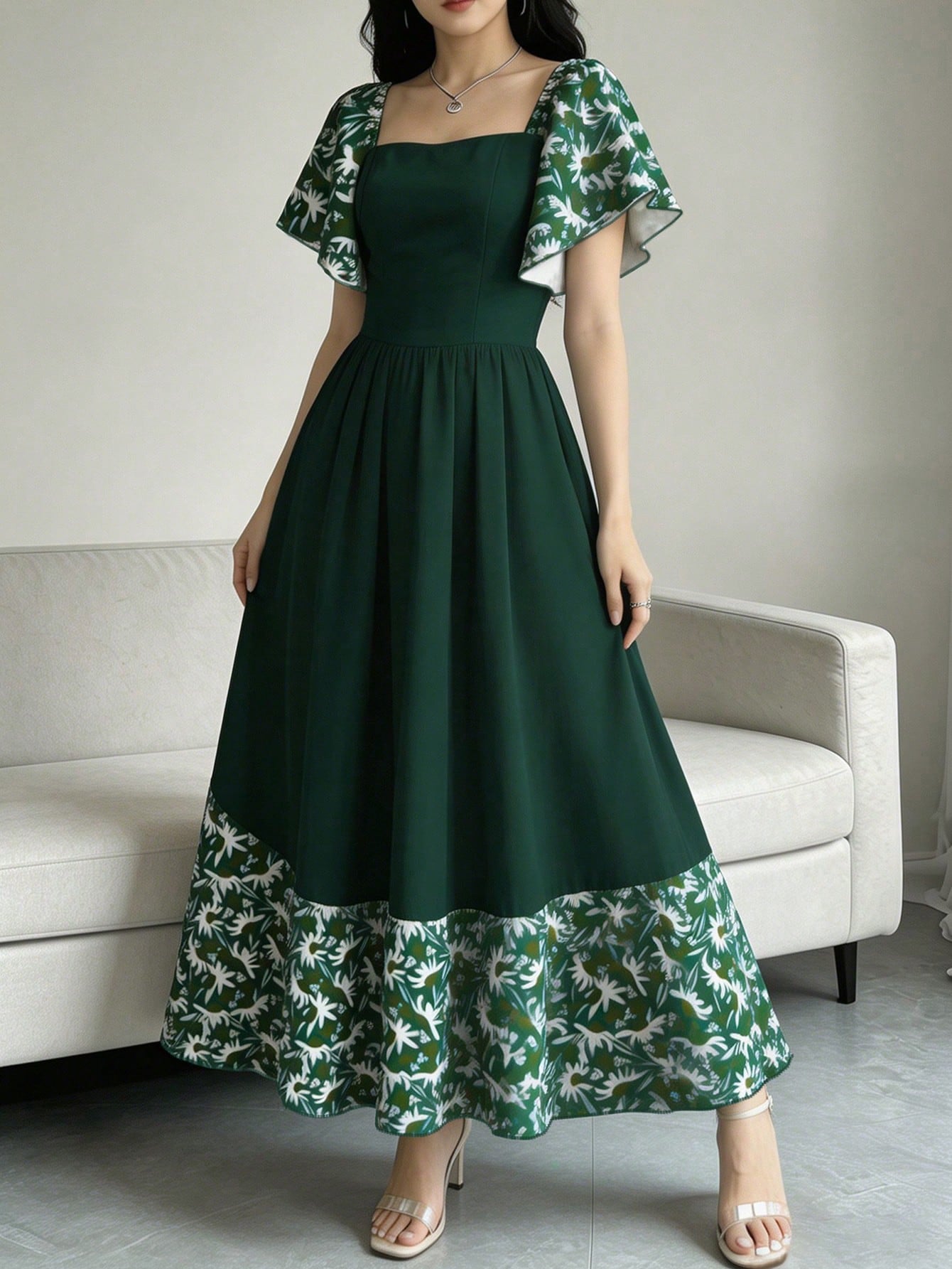 Modelyn Daisy Print Green Shore Women's Floral Dress, Women's Fashion Square Neck Cap Sleeve Dress, Hem Patchwork Ruffle Design, Summer Vacation Style Dress