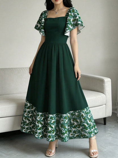 Modelyn Daisy Print Green Shore Women's Floral Dress, Women's Fashion Square Neck Cap Sleeve Dress, Hem Patchwork Ruffle Design, Summer Vacation Style Dress