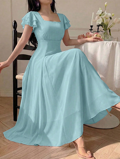Modelyn Women's Design Square Neck Split Triangle Mid-Length Dress