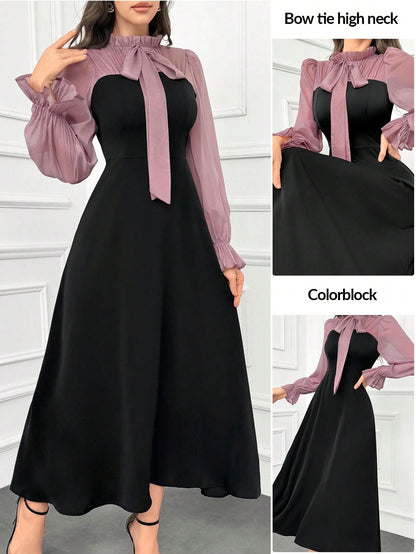Modelyn Women's Elegant Ruffle Trim Color Block Tie Waist Dress With Flouncy Cuffs Long Evening Dresses