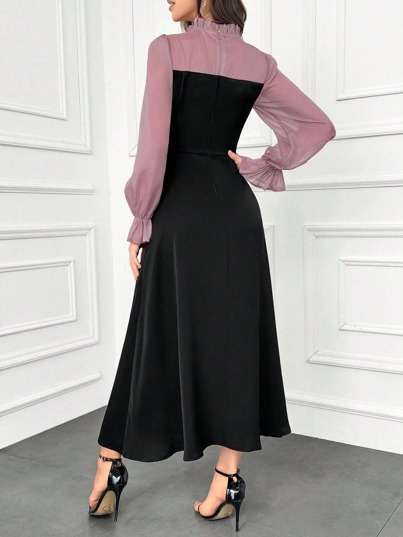 Modelyn Women's Elegant Ruffle Trim Color Block Tie Waist Dress With Flouncy Cuffs Long Evening Dresses