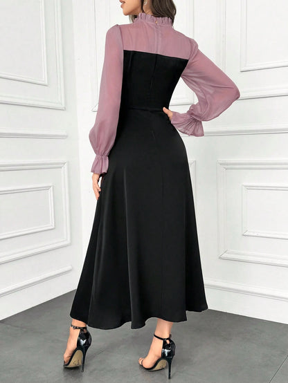 Modelyn Women's Elegant Ruffle Trim Color Block Tie Waist Dress With Flouncy Cuffs Long Evening Dresses