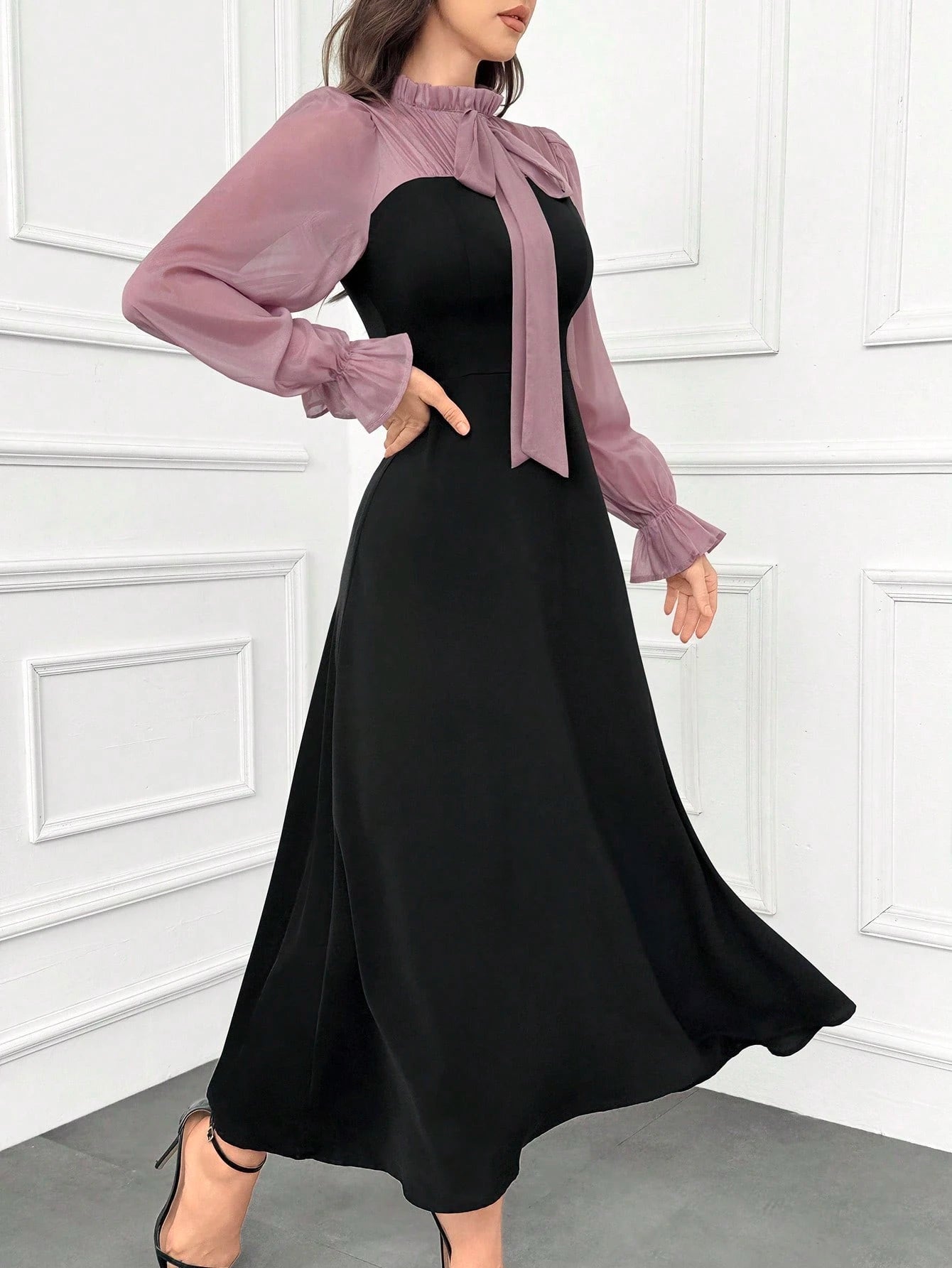 Modelyn Women's Elegant Ruffle Trim Color Block Tie Waist Dress With Flouncy Cuffs Long Evening Dresses