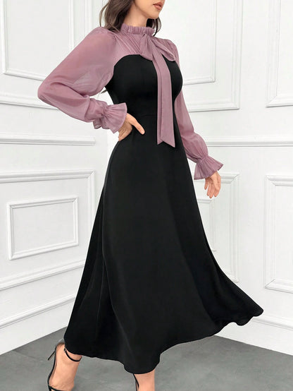 Modelyn Women's Elegant Ruffle Trim Color Block Tie Waist Dress With Flouncy Cuffs Long Evening Dresses