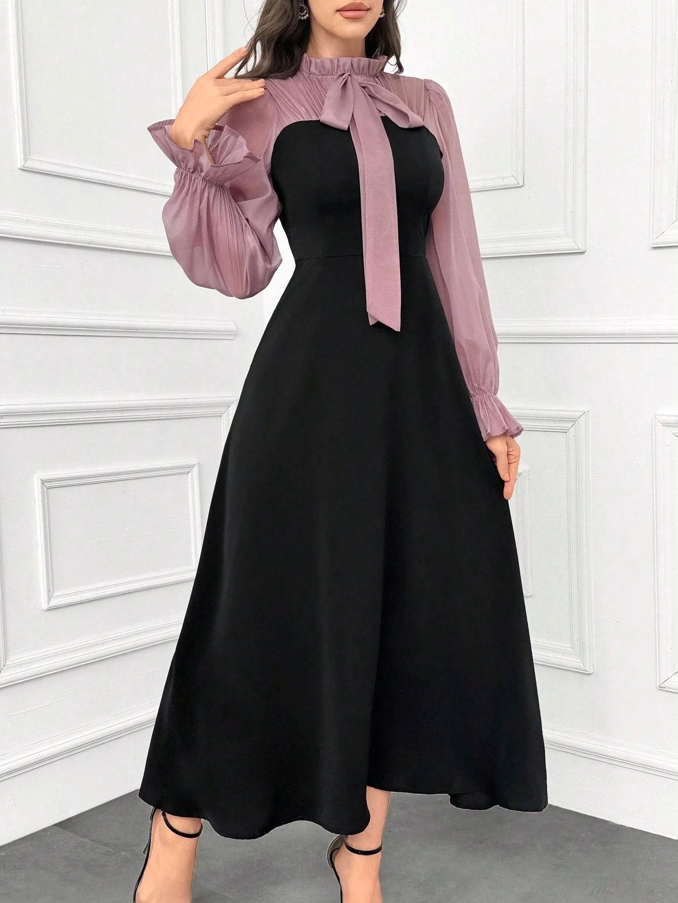 Modelyn Women's Elegant Ruffle Trim Color Block Tie Waist Dress With Flouncy Cuffs Long Evening Dresses