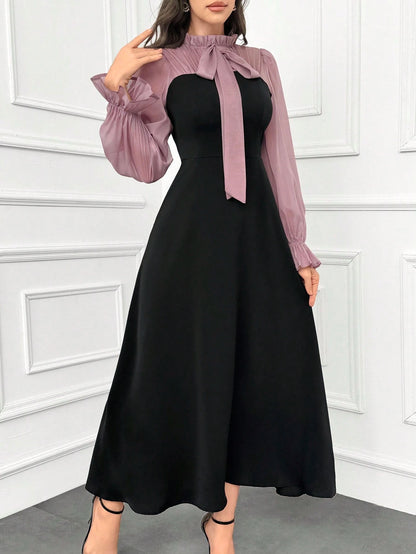 Modelyn Women's Elegant Ruffle Trim Color Block Tie Waist Dress With Flouncy Cuffs Long Evening Dresses