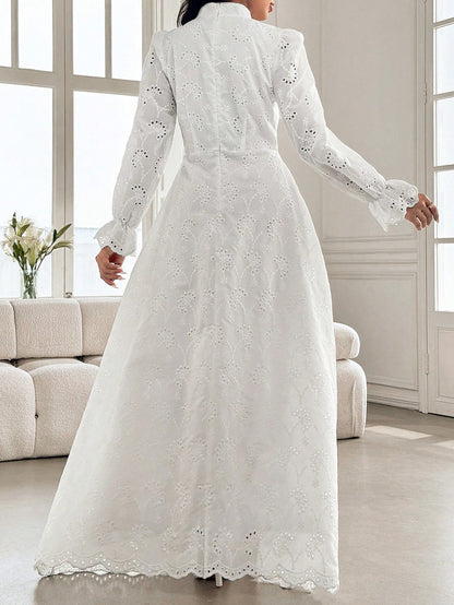 Modelyn Women's French Stand Collar Puff Sleeve Dress With Drape Design Fall Cloth For Women
